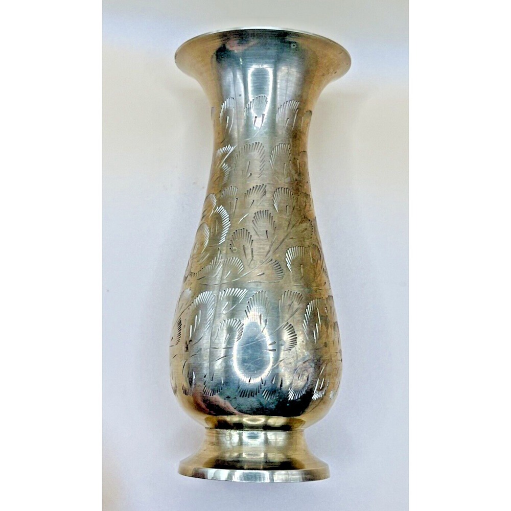 Vintage Ornate Solid Brass Bud Vase - Etched Floral Leaf Designs - 5.75" Tall